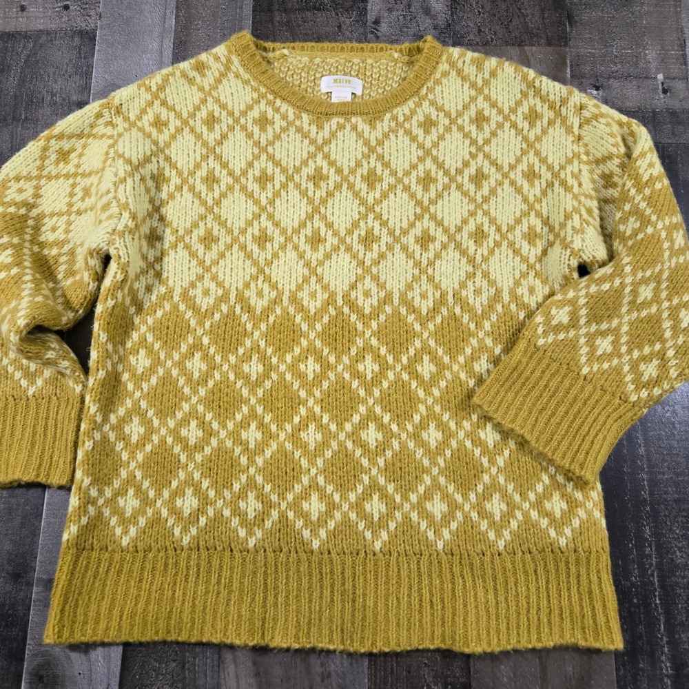 Anthropologie Maeve Sigfried Diamond Argyle Sweater M Chartreuse Wool Blend - Picture 4 of 10